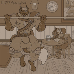 abs alcohol anthro armor balls beer belt beverage biceps big_bulge big_muscles biped bulge chair clock clothing duo exercise furniture genitals grin huge_bulge huge_muscles hyper hyper_muscles jumpsuit knee_pads leather male muscular pecs pull-up_(exercise) smile table tail juano fallout microsoft springfield canid canine canis fox hybrid mammal wolf 1:1