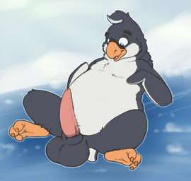 balls beak belly feral genitals head_tuft ice male open_beak open_mouth paws penis slightly_chubby snow solo tapering_penis tuft winter emenius avian bird penguin hi_res