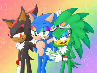 bandage beak black_body black_fur blue_body blue_eyes blue_fur blush brown_body brown_fur clothing ear_piercing eyeshadow eyewear eyewear_on_head feathers femboy fluffy fluffy_chest frown fur gloves goggles goggles_on_head green_body green_eyes green_feathers group handwear heart_symbol lgbt_pride makeup male mastectomy_scar nonbinary_pride_colors piercing pride_colors red_body red_eyes red_fur scar scowl skull_symbol smile smirk tan_body tan_fur transgender_pride_colors trio white_body white_feathers white_fur yellow_beak cookie-pone lgbt_pride_month sega sonic_riders sonic_the_hedgehog_(series) jet_the_hawk shadow_the_hedgehog sonic_the_hedgehog accipitrid accipitriform avian bird eulipotyphlan hedgehog mammal hi_res nonbinary_(lore) trans_(lore) trans_man_(lore)