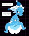 blue_body blush bodily_fluids butt clothed clothing clothing_lift female floating genital_fluids genitals hat headgear headwear looking_away nude presenting simple_background solo speech_bubble spread_legs spreading text vaginal_fluids vulva water vetero deltarune undertale_(series) darkner elemental_creature humanoid mizzle_(deltarune) water_creature absurd_res digital_media_(artwork) hi_res
