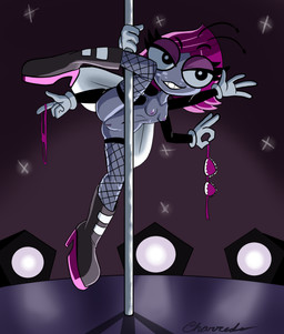 4_arms antennae_(anatomy) anthro anus big_eyes bikini bikini_thong black_arms black_boots black_clothing black_footwear boots bra breasts clothing dancing female footwear freckled_face freckles genitals gloves hair half-closed_eyes handwear insect_wings multi_arm multi_limb narrowed_eyes navel pink_bikini pink_bra pink_clothing pink_hair pink_swimwear pink_underwear pole pole_dancing purple_body shoes smile socks striptease swimwear tight_socks two-piece_swimsuit underwear vulva white_clothing white_gloves white_handwear wings charred_(artist) disney the_buzz_on_maggie maggie_pesky arthropod fly_(animal) insect hi_res