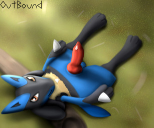 animal_genitalia animal_penis anthro big_penis blue_body blue_fur bodily_fluids canine_genitalia canine_penis erection fur genital_fluids genitals grass knot light log looking_at_viewer looking_up lying male on_back penis plant precum red_eyes smile solo sunlight wood outbound nintendo pokemon canid canine generation_4_pokemon lucario mammal pokemon_(species) hi_res