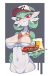 alcohol beer beverage blush border breasts clothing female food fries green_body grey_background hand_on_hip hat headgear headwear holding_tray ketchup looking_at_viewer navel nipple_outline open_mouth red_body red_eyes simple_background solo white_body white_border poverty_(p9) nintendo pokemon gardevoir generation_3_pokemon humanoid pokemon_(species) absurd_res hi_res