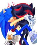 anthro anthro_on_anthro being_watched blush clothing disgust duo_focus footwear gloves group handwear heart_symbol hug kiss_on_lips kissing looking_at_another male male/male simple_background trio n_jiujiu99 sega sonic_the_hedgehog_(series) miles_prower shadow_the_hedgehog sonic_the_hedgehog tails_nine canid canine eulipotyphlan fox hedgehog mammal hi_res