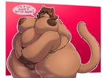 abstract_background anthro belly belly_hair big_belly blue_eyes bodily_fluids body_hair border breasts brown_body brown_fur brown_hair brown_nipples brown_nose deep_navel dialogue fangs female fingers fluffy fupa fur genitals hair hairy_pussy holding_belly lifting_belly looking_at_viewer musk musk_clouds navel nipples nude obese obese_anthro obese_female open_mouth outline overweight overweight_anthro overweight_female presenting presenting_pussy pubes pussy red_background red_tongue short_hair simple_background smile solo speech_bubble sweat sweaty_genitalia tail talking_to_viewer teeth text thick_thighs tongue white_border white_outline wide_hips sv3n claire_(unawarey) domestic_cat felid feline felis mammal 4:3 english_text hi_res