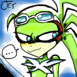 anthro blue_eyes chest_tuft ellipsis eyewear feathers green_body green_feathers green_skin grin looking_away male smile solo sunglasses text tuft white_body white_feathers gunner_double_one sega sonic_riders sonic_the_hedgehog_(series) jet_the_hawk accipitrid accipitriform avian bird 1:1 character_name digital_media_(artwork) low_res oekaki source_request
