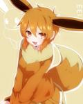 4:5 alternate_species animal_humanoid bottomwear brown_bottomwear brown_clothing brown_eyes brown_hair brown_jacket brown_tail brown_topwear canid clothed clothing digital_drawing_(artwork) digital_media_(artwork) dipstick_tail eevee female generation_1_pokemon hair hi_res humanoid humanoidized jacket mammal markings nintendo open_mouth pink_tongue pokemon pokemon_(species) pokemorph ruff_(clothing) solo tail tail_markings takeshima_(nia) tan_body tan_skin tan_tail_tip tongue topwear