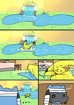 6_panel_comic ambiguous_gender anthro bandage bed black_nose black_text cheek_spots day duo ellipsis eyebrows eyes_closed furniture grass inside light looking_at_another motion_lines mouth_closed open_mouth partially_submerged plant question_mark red_cheeks sound_effects sunlight text water wet white_text yellow_body sawlamander nintendo pokemon pokemon_mystery_dungeon spike_chunsoft generation_1_pokemon generation_4_pokemon pikachu pokemon_(species) riolu 2025 comic english_text hi_res