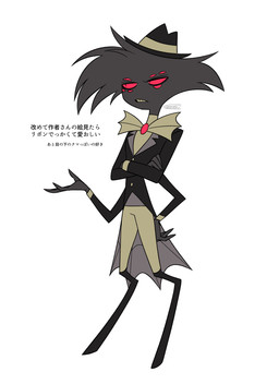 clothed clothing hat headgear headwear male multi_eye simple_background solo text white_background enaic31 hazbin_hotel hellaverse arackniss_(hazbin_hotel) arachnid arthropod demon humanoid spider absurd_res hi_res japanese_text translation_request