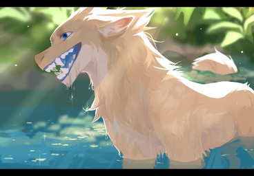 ambiguous_gender blue_eyes blue_tongue blurred_background cheek_tuft facial_tuft fangs feral fur happy head_tuft letter neck_tuft open_mouth open_smile outside partially_submerged quadruped smile solo tan_body tan_fur teeth tongue tuft unsigned wet wet_body wet_fur corzh77 species_request hi_res letterbox