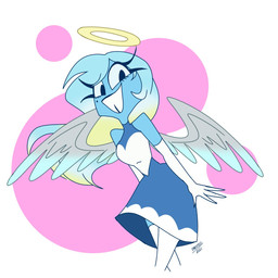 armwear back_wings blue_hair clothing dress elbow_gloves eyelashes feathered_wings feathers female gloves hair halo handwear long_eyelashes long_hair looking_at_viewer markings mole_(marking) simple_background smile solo wings emositecc hellaverse helluva_boss millie_(helluva_boss) angel angel_humanoid humanoid 1:1 colored hi_res