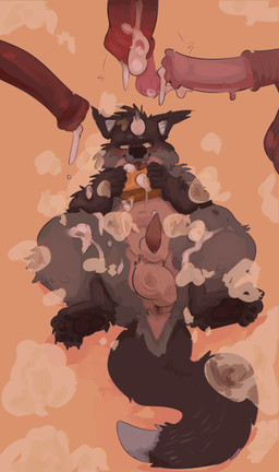 animal_genitalia animal_penis anthro anus balls bodily_fluids bukkake butt cum cum_on_face dipstick_tail eating eating_food ejaculation equine_genitalia equine_penis erection food fur genital_fluids genitals grilled_cheese group hair holding_object male markings nude pawpads paws penis precum sandwich_(food) simple_background tail tail_markings tapering_penis tongue tongue_out orangecoff33 korwin binturong mammal viverrid absurd_res hi_res