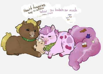 ambiguous_feral ambiguous_gender anus baby_talk blonde_hair blush brown_body brown_fur collar dialogue eyes_closed feral fur good_parenting green_collar green_scarf group hair happy hooves licking love neonate open_mouth pink_body pink_fur pink_hooves pink_tail purple_body quadruped scarf simple_background size_difference smile speech_bubble tail text tongue tongue_out trio_focus white_background white_hair wings x_anus yellow_tail young young_ambiguous young_feral rosstheboss8008 fluffy_pony fluffy_pony_(species) mammal 2025 digital_media_(artwork) english_description english_text hi_res