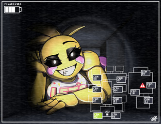 anthro beakless breasts clothing crawling eyeshadow female fingers gameplay_mechanics looking_at_viewer machine makeup map smile solo teeth yellow_body dino20bryan five_nights_at_freddy's five_nights_at_freddy's_2 scottgames toy_chica_(fnaf) animatronic avian bird chicken galliform phasianid robot 2024 digital_media_(artwork) hi_res signature