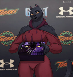 anthro black_body black_fur black_nose bottomwear clothed clothing detailed_background eyebrows eyelashes female fully_clothed fur green_eyes hoodie looking_at_viewer markings pants shoe_box smile solo spots spotted_body spotted_fur topwear pancarta goat_(movie) sony_corporation sony_pictures under_armour jett_fillmore felid mammal pantherine 2026 absurd_res hi_res
