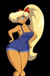 anthro beak big_breasts blonde_hair blue_eyes bottomwear breasts clothing female hair hands_on_hips looking_at_another non-mammal_breasts open_beak open_mouth overalls overalls_only ponytail shorts solo thick_thighs wide_hips mastergodai don_bluth rock-a-doodle goldie_pheasant avian bird chrysolophus galliform golden_pheasant phasianid hi_res