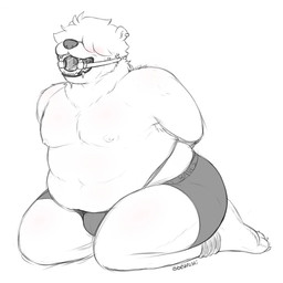 anthro arms_tied bdsm bearoski belly blush bodily_fluids bondage bound bulge chest_tuft clothing drooling ear_piercing ear_ring feet fluffy free_use gag hair hair_over_eyes hindpaw kneeling legs_tied male nipples open_mouth paws pecs piercing ring_gag ring_piercing saliva slightly_chubby solo tuft underwear teddypaws teddy_(teddypaws) bear brown_bear grizzly_bear mammal ursine 1:1 hi_res