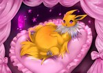3_toes bed belly big_belly black_nose blue_inner_ear cheek_tuft curtains eyelashes facial_tuft fangs feet female female_feral feral fur furniture inside lamp lava_lamp long_ears looking_at_viewer lying lying_on_bed on_back on_bed open_mouth open_smile pawpads paws pink_bed pink_curtains pink_tongue pregnant pregnant_female pregnant_feral purple_eyes purple_pawpads quadruped small_nose smile smiling_at_viewer tail teeth text thin_eyebrows toes tongue tuft white_body white_fur yellow_body yellow_fur yellow_tail black_kitty nintendo pokemon eeveelution generation_1_pokemon jolteon pokemon_(species) 2025 artist_name colored dated digital_drawing_(artwork) digital_media_(artwork) english_description hi_res shaded
