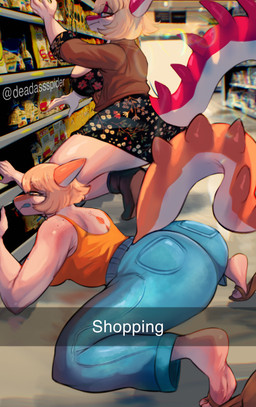 anthro big_butt blonde_hair bottomwear butt caption clothed clothing denim denim_bottomwear denim_clothing dress duo eyewear female footwear freckled_shoulders freckles fully_clothed furgonomic_bottomwear furgonomics glasses grocery_store hair jeans pants red_body red_scales sandals scales shirt shoes shopping spiked_tail spikes spikes_(anatomy) tail tank_top text thick_thighs tongue tongue_out topwear white_body white_scales deadassspider cavemanon_studios goodbye_volcano_high i_wani_hug_that_gator ko_op_(game_developer) snoot_game mia_moretti naomi_(gvh) dinosaur hadrosaurid ornithischian ornithopod parasaurolophus prehistoric_species reptile scalie absurd_res hi_res sibling_(lore) sister_(lore) sisters_(lore)