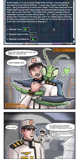 antennae_(anatomy) anthro beard blue_eyes brown_eyes clothed clothing confusion dialogue digit_ring duo eye_contact eyebrows eyelashes facial_hair female female_anthro fully_clothed green_body hat headgear headwear heart_symbol holding_partner hug hugging_another hugging_from_behind husband_and_wife jewelry looking_at_another male male/female male_human mandibles married_couple onomatopoeia raised_eyebrow ring scratching_head sound_effects standing text uniform wedding_ring yellow_eyes warjenkins ftl:_faster_than_light alien arthropod human insect mammal mantis 2025 absurd_res comic english_text hi_res