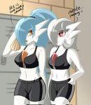 2023 3_fingers alyx_(cobra0281) athletic_wear blue_hair bottomwear breast_envy breast_size_difference breasts cleavage clothed clothing cobra0281 cross-popping_vein dialogue duo english_text eye_scar facial_scar female fingers frown gardevoir generation_3_pokemon gym_bottomwear gym_shorts hair hair_over_eye hand_on_hip hi_res humanoid italian italian_text locker long_hair looking_at_another medium_breasts midriff navel nintendo not_furry one_eye_obstructed orange_eyes pokemon pokemon_(species) ponytail red_eyes scar shiny_pokemon shorts signature small_breasts sports_bra_difference_meme sportswear text towel translated white_hair zonatta_(lynofdeath)