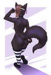 anthro black_body black_fur breasts brown_hair butt clothing collar female fur hair legwear looking_away pattern_clothing pattern_legwear solo striped_clothing striped_legwear stripes annham laxy envy_(laxy) domestic_cat felid feline felis mammal absurd_res digital_media_(artwork) hi_res shaded