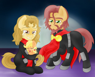 aged_down bodily_fluids brown_body brown_eyes brown_fur brown_hair clothing crying female feral freckles fur green_eyes group hair male neonate orange_body orange_fur pacifier parody tears young young_feral blackbewhite2k7 dc_comics friendship_is_magic hasbro my_little_pony applejack_(mlp) jor-el lara-el superman earth_pony equid equine horse mammal pony 2013 crossover hi_res