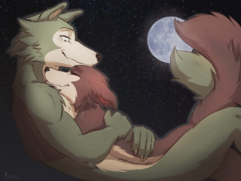 5_fingers anthro anthro_on_anthro black_nose brown_body brown_fur claws closed_smile convenient_censorship countershade_torso countershading daww detailed_background duo ears_back eyebrows eyes_closed female female_anthro female_on_top finger_claws fingers fluffy fluffy_tail full_moon fur grey_body grey_fur heart_symbol hug humanoid_hands intimate looking_at_another looking_at_partner looking_down love male male/female male_anthro male_on_bottom moon mouth_closed night nude nude_anthro nude_female nude_male on_bottom on_top outside pivoted_ears pointy_ears prick_ears raised_tail romantic romantic_ambiance romantic_couple sky smile star starry_sky tail white_body white_claws white_countershading white_fur year raaz beastars juno_(beastars) legoshi_(beastars) canid canine canis mammal wolf 2020 hi_res signature