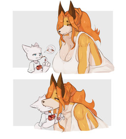 anthro big_breasts breasts clothing duo face_bite face_nom female food fur hair larger_female male male/female one_eye_obstructed orange_body orange_fur orange_hair pocky_in_mouth shirt size_difference smaller_male tank_top topwear white_body white_fur white_hair fetloaf pocky annie_(fetloaf) yuri_(fetloaf) canid canine domestic_cat felid feline felis fox mammal absurd_res hi_res