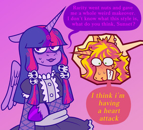 alternative_fashion blood blush bodily_fluids bone clenched_teeth clothing dialogue duo ear_piercing ear_ring female female/female feral fetlocks fishnet_clothing goth gothic_lolita horn j-fashion lolita_(fashion) nosebleed piercing ring_piercing simple_background skull sweat sweatdrop teeth wings dapper_lil_arts equestria_girls friendship_is_magic hasbro my_little_pony mythology sunset_shimmer_(eg) twilight_sparkle_(mlp) equid equine mammal mythological_creature mythological_equine unicorn winged_unicorn