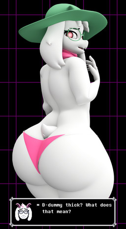 anthro big_butt bubble_butt butt clothing dialogue dialogue_box embarrassed eyewear fur glasses green_clothing green_eyewear green_glasses green_hat green_headwear hat headgear headwear huge_butt huge_thighs looking_at_viewer looking_back looking_back_at_viewer male open_mouth panties pink_clothing pink_eyes pink_panties pink_scarf pink_underwear rear_view scarf scut_tail short_tail solo tail text thick_thighs underwear white_body white_fur wide_hipped_anthro wide_hipped_male wide_hips kovasfox mishuyuu_(modeler) deltarune undertale_(series) ralsei bovid caprine goat mammal 3d_(artwork) absurd_res digital_media_(artwork) english_text hi_res