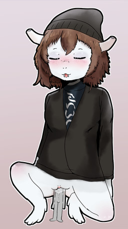 ambiguous_gender beanie blush bodily_fluids bottomless brown_hair clothed clothing duo extreme_size_difference eyes_closed fangs female female/ambiguous genital_fluids genitals grey_body grey_skin hair hat headgear headwear micro pantsless size_difference teeth tongue tongue_out unbirthing vaginal vaginal_fluids vore vulva teruni-inamor limila alien humanoid roswell_grey suris_(species)