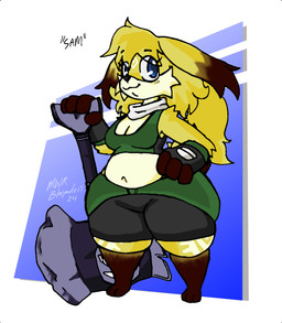 4_fingers anthro axe battle_axe belly biped black_bottomwear black_clothing black_gloves black_handwear black_markings black_shorts blonde_hair blue_eyes bottomwear breasts cleavage clothed clothing dipstick_ears ear_markings ear_tuft facial_markings female female_anthro fingers forehead_markings fur gloves green_bottomwear green_clothing green_shirt green_skirt green_tank_top green_topwear hair hand_on_hip hand_on_own_hip handwear head_markings holding_battle_axe holding_melee_weapon holding_object holding_weapon leg_markings markings medium_breasts melee_weapon multicolored_ears nave navel ponytail shirt shorts shortstack skirt slightly_chubby slightly_chubby_anthro slightly_chubby_female socks_(marking) solo tan_markings tank_top text thick_thighs thigh_markings topwear tuft weapon wide_hips yellow_body yellow_fur blayaden atlyss sam_(blayaden) mammal poon_(atlyss) 2024 character_name hi_res signature