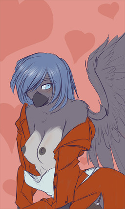 anthro beak bedroom_eyes blue_hair blush breasts clothing coat countershading female hair lowered_dress medium_breasts narrowed_eyes nipples non-mammal_breasts non-mammal_nipples presenting presenting_breasts red_clothing red_coat red_topwear seductive smile solo teasing teasing_viewer topwear wings avencri miranda_(avencri) avian bird corvid magpie_(corvid) oscine passerine 3:5