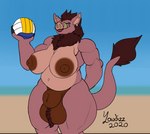 animal_genitalia anthro ball ball_tuft balls beach big_balls big_breasts big_nipples breasts fully_sheathed genitals green_eyes gynomorph hair huge_balls intersex neck_tuft nipples seaside sheath slightly_chubby solo thick_thighs tuft volleyball_(ball) yaudizz gertie mammal suid suina sus_(pig) wild_boar