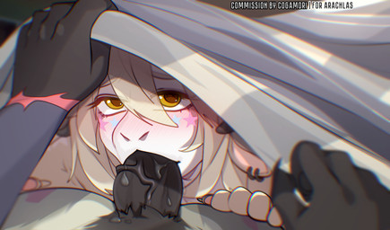 anthro bedroom_eyes black_body black_fur blowjob_face blowjob_focus blush bodily_fluids cum cum_in_mouth cum_inside duo fellatio fur genital_fluids genitals horn male male/male multicolored_body multicolored_fur narrowed_eyes oral oral_penetration penetration penile penis seductive sex under_blanket under_covers white_body white_fur yellow_eyes cogamori animal_humanoid bovid bovid_humanoid caprine caprine_humanoid humanoid mammal mammal_humanoid sheep sheep_humanoid hi_res