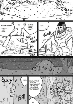 armor dialogue male male/male profanity snow storm text husky92 european_mythology greek_mythology mythology bovid bovine humanoid mammal minotaur orc comic english_text hi_res monochrome multiple_scenes