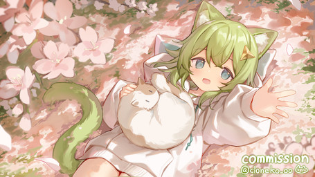 accessory blush cherry_blossom clothing duo female feral flower green_hair hair hair_accessory hoodie inner_ear_fluff looking_at_viewer lying on_back open_mouth plant prunus_(flower) reaching_towards_viewer topwear tuft young young_female young_humanoid cloneko_(zelmeledf2) animal_humanoid cat_humanoid domestic_cat felid felid_humanoid feline feline_humanoid felis humanoid mammal mammal_humanoid hi_res