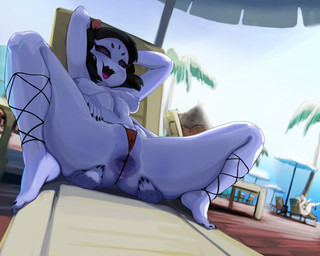 4_arms 5_eyes anus areola barefoot breasts camel_toe clothed clothing detailed_background feet female fingers hair multi_arm multi_eye multi_limb navel nipples open_mouth open_smile public public_exposure purple_body pussy_floss smile solo_focus spread_legs spreading thong tongue topless topless_female underwear vulva mdthetest undertale undertale_(series) muffet animal_humanoid arachnid arachnid_humanoid arthropod arthropod_humanoid humanoid spider_humanoid 5:4 hi_res