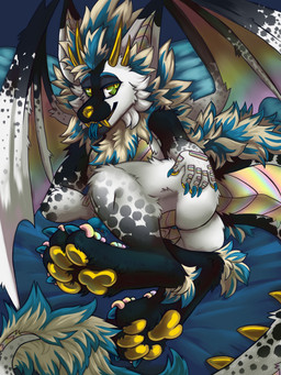 anthro anus bed bedroom_eyes blue_claws blue_sheets butt claws feet flirting fur furniture genitals gold_(metal) gold_tooth green_eyes horn iridescent iridescent_scales looking_at_viewer lying lying_on_bed male markings multicolored_body multicolored_scales narrowed_eyes nude nude_anthro nude_male on_bed open_mouth pawpads paws penis pose rainbow_body rainbow_scales raised_paw scales seductive simple_background smile solo spots spotted_markings toe_claws tongue tongue_out wings draw4coffee_(artist) mythology mako_character canid canine dragon fox furred_dragon furred_scalie hybrid mammal mythological_creature mythological_scalie scalie 3:4 absurd_res colored_sketch digital_media_(artwork) hi_res paint_tool_sai_(artwork) pinup shaded sketch