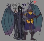 armor claws duo female genitals glowing glowing_eyes heart_symbol male pussy sharp_teeth teeth wings medicinal_succ menacing_(meme) pathfinder scale_knight_(medicinalsucc) demon humanoid stringy_demodand absurd_res hi_res meme