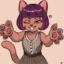 anthro bob_cut breasts brown_body brown_fur claw_fingers claw_toes claws cleavage clothed clothing eyebrows female first_person_view flirting fur hair heart_symbol hearts_around_head imminent_hug looking_at_viewer narrowed_eyes one_eye_closed pawpads purple_hair simple_background smile smiling_at_viewer solo tail whiskers hot-coco lackadaisy ivy_pepper domestic_cat felid feline felis mammal 1:1 2024 digital_drawing_(artwork) digital_media_(artwork)