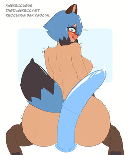 anthro big_breasts big_butt blue_eyes blue_hair blush breasts brown_body brown_fur brown_hair butt dildo female fur hair huge_butt nipples nude open_mouth sex_toy shocked simple_background solo tail worried_look keccubus brand_new_animal studio_trigger michiru_kagemori canid canine mammal raccoon_dog tanuki 5:6 absurd_res hi_res