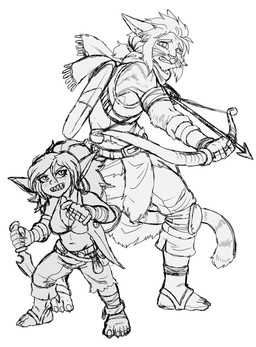 anthro archer barefoot bow_(weapon) dagger duo feet female male male/female melee_weapon ranged_weapon weapon zimakum dungeons_and_dragons hasbro wizards_of_the_coast felid feline goblin humanoid mammal tabaxi digital_drawing_(artwork) digital_media_(artwork) hi_res monochrome sketch