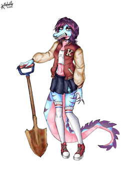 abs alternative_fashion anthro big_tail blue_body bottomwear claws clothing collar colored_nails fangs female footwear goth hair jacket legwear letterman_jacket markings nails pink_body pink_scales purple_hair purple_markings purple_nails red_clothing red_eyes red_footwear red_shoes scales shirt shoes shovel skirt solo tail teeth thigh_highs tools topwear white_clothing white_shirt white_topwear saledrilla liris crocodile crocodilian reptile scalie 3:4 hi_res