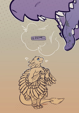 anthro duo extreme_size_difference feathered_wings feathers flustered imminent_vore looming_over macro micro open_mouth simple_background size_difference teeth tongue tongue_out winged_arms wings makar-ro der purple_(vos) avali hi_res