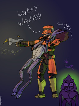 armor clothed clothed_human clothing gun hostage neck_grab profanity ranged_weapon shocked shooting simple_background standing text thousand_yard_stare weapon rockpankake halo_(series) microsoft xbox_game_studios alien human kig-yar mammal scalie spartan_(halo) t'vaoan unggoy 2026 3:4 digital_media_(artwork) english_text hi_res