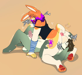 69_position anthro balls bodily_fluids butt clothing duo facesitting fellatio fur genitals male male/male nude oral oral_penetration penetration penile penis saliva sex simple_background sitting_on_another smile tail text maynara ghost_(ghost_bunnie) seventy-three vlue_(maynara) lagomorph leporid mammal rabbit absurd_res digital_drawing_(artwork) digital_media_(artwork) hi_res