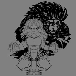 abs animal_ears anthro bottomwear clothing digitigrade dreadlocks duo facial_hair facial_scar gloves hand_on_shoulder handwear loincloth looking_at_viewer male mostly_nude muscular muscular_anthro muscular_male scar simple_background spiked_gloves spikes marcoartz elden_ring fromsoftware alexander_(mash) beast_lord_serosh felid lion mammal pantherine 1:1 2023 digital_media_(artwork) greyscale hi_res monochrome