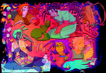 ambiguous_feral ambiguous_gender banana feral food fruit green_hair group hair heart_symbol male male_human male_humanoid mango mango_(fruit) peach_(fruit) pink_hair plant purple_body purple_hair purple_skin smile snowman yellow_body yellow_skin guncht avian bird domestic_cat felid feline felis human humanoid mammal colorful_theme hi_res